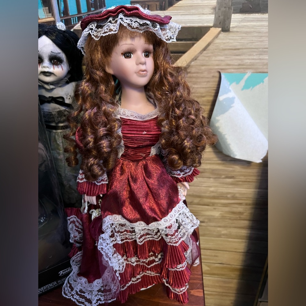 porcelain doll| victorian girl| red dress| READ DESCRIPTION